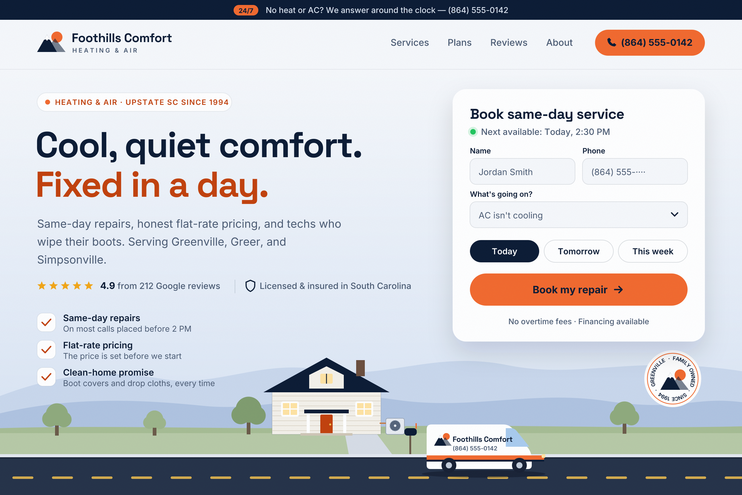 The redesigned Foothills Comfort homepage — a navy 24/7 bar, a mountain-and-sun logo, a one-tap orange phone button, the headline "Cool, quiet comfort. Fixed in a day.", review stars and a licensed-and-insured note, three plain promises, a Book same-day service form showing the next available time, and an illustrated street with the Blue Ridge behind a craftsman house, its outdoor AC unit, and the branded van parked out front, plus a "Family owned since 1994" stamp.