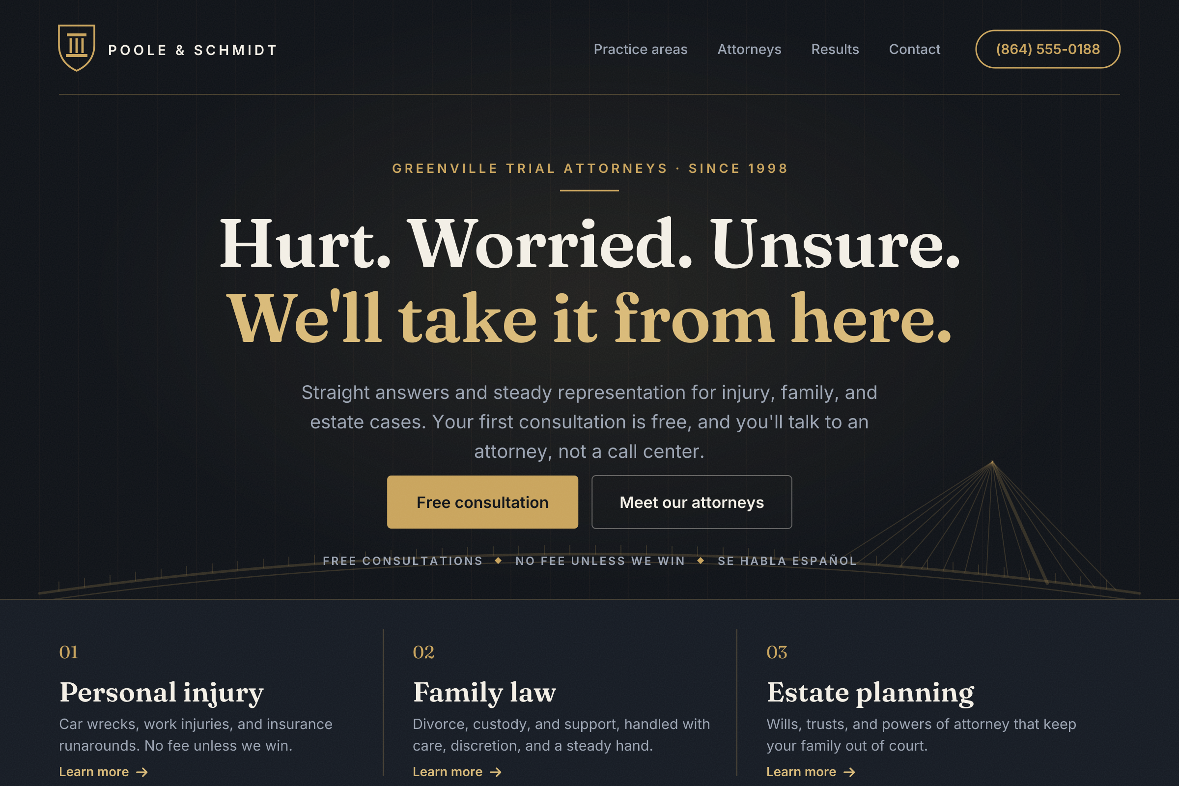 The redesigned Poole & Schmidt homepage — a dark navy page with brass accents, the centered headline "Hurt. Worried. Unsure. We'll take it from here.", Free consultation and Meet our attorneys buttons, a trust line (free consultations, no fee unless we win, se habla español), a fine gold line drawing of Greenville's Liberty Bridge, and three practice areas with short descriptions.