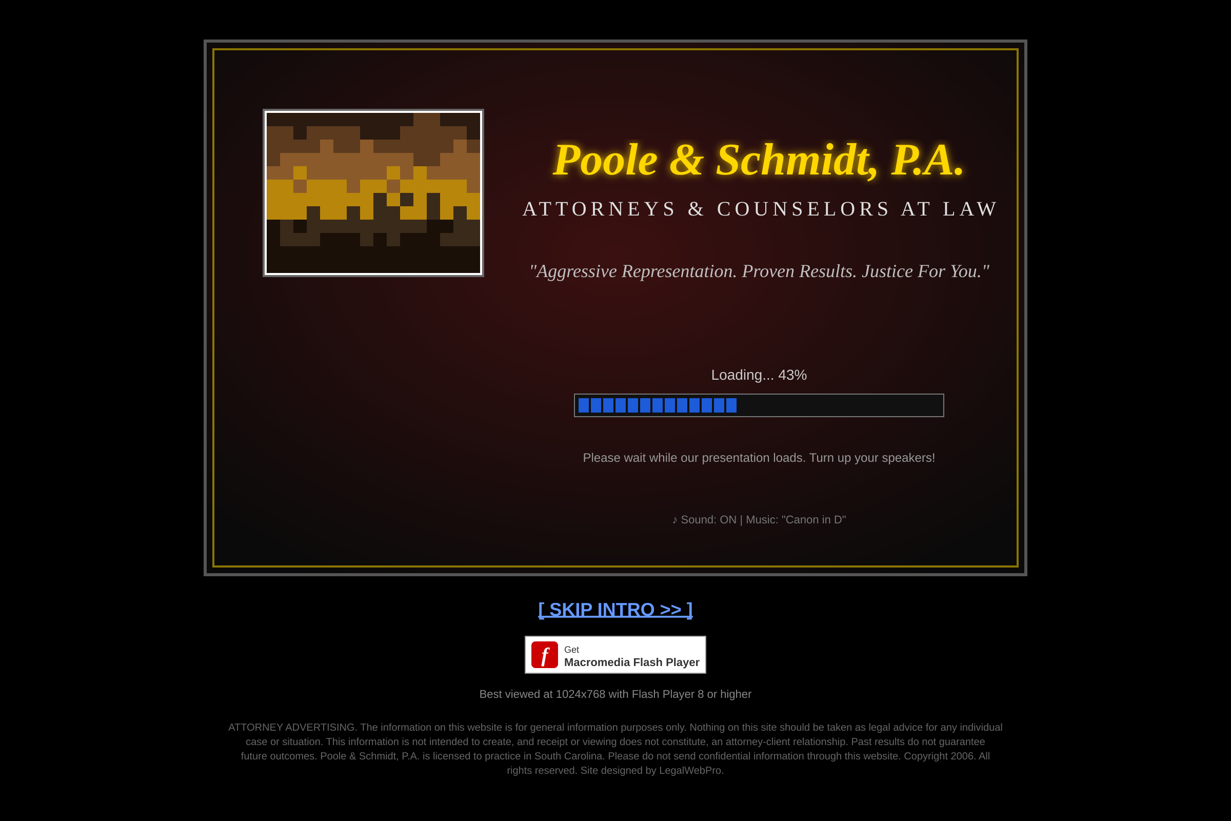 The old Poole & Schmidt homepage — a black page with a maroon "Flash intro" box, a pixelated gavel photo, glowing gold italic lettering, a half-finished loading bar, a Skip Intro link, and a block of tiny gray legal disclaimers.